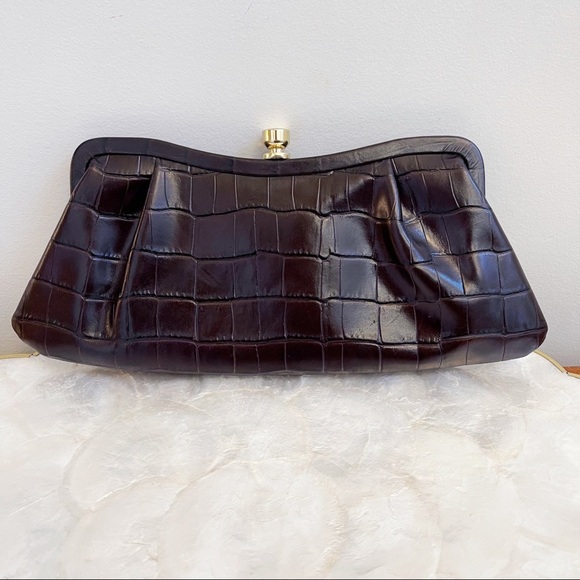 Brown Genuine Leather Croc Emboss Design Hand Held Clutch Chic Classic - Picture 2 of 15